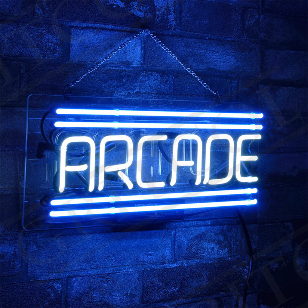 Neon sign with blue “ARCADE” letters behind a glass frame