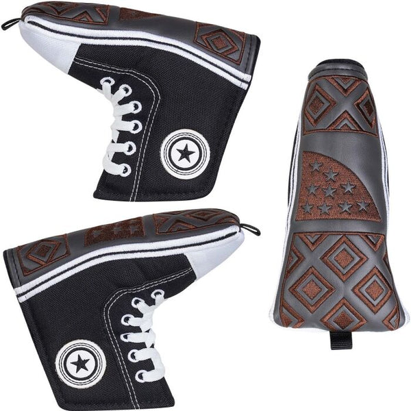 Black canvas putter cover with white laces and star patch, brown patterned top
