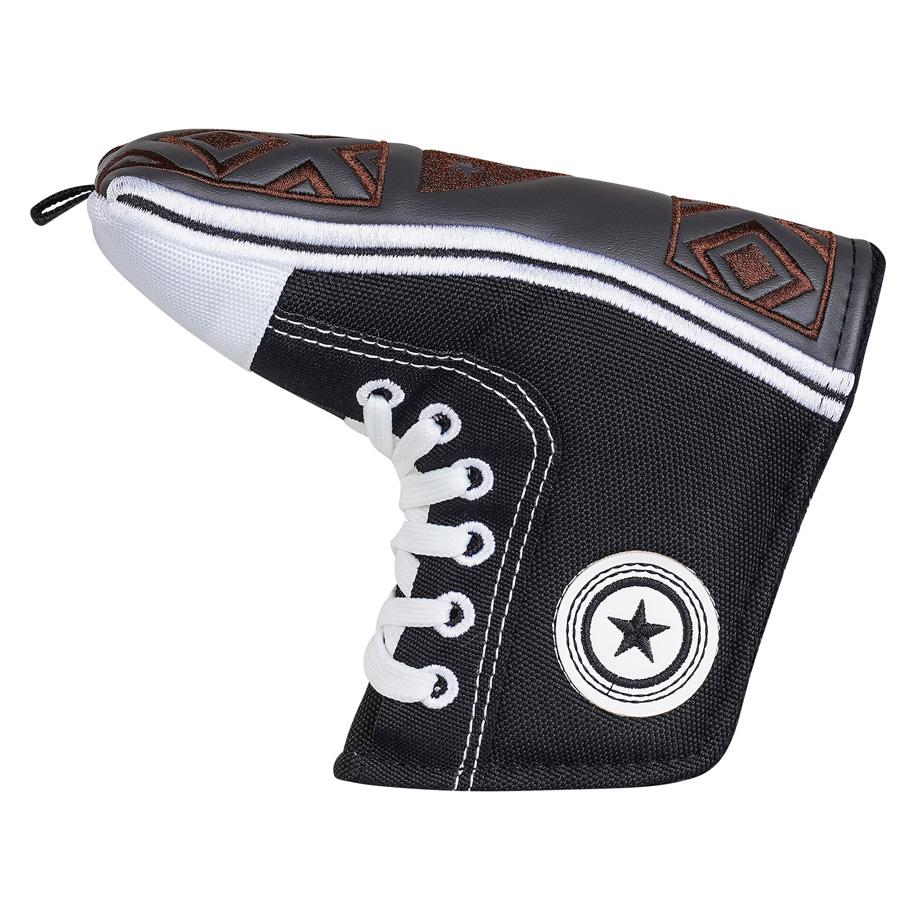 Black canvas putter cover with white laces and star emblem, brown geometric top