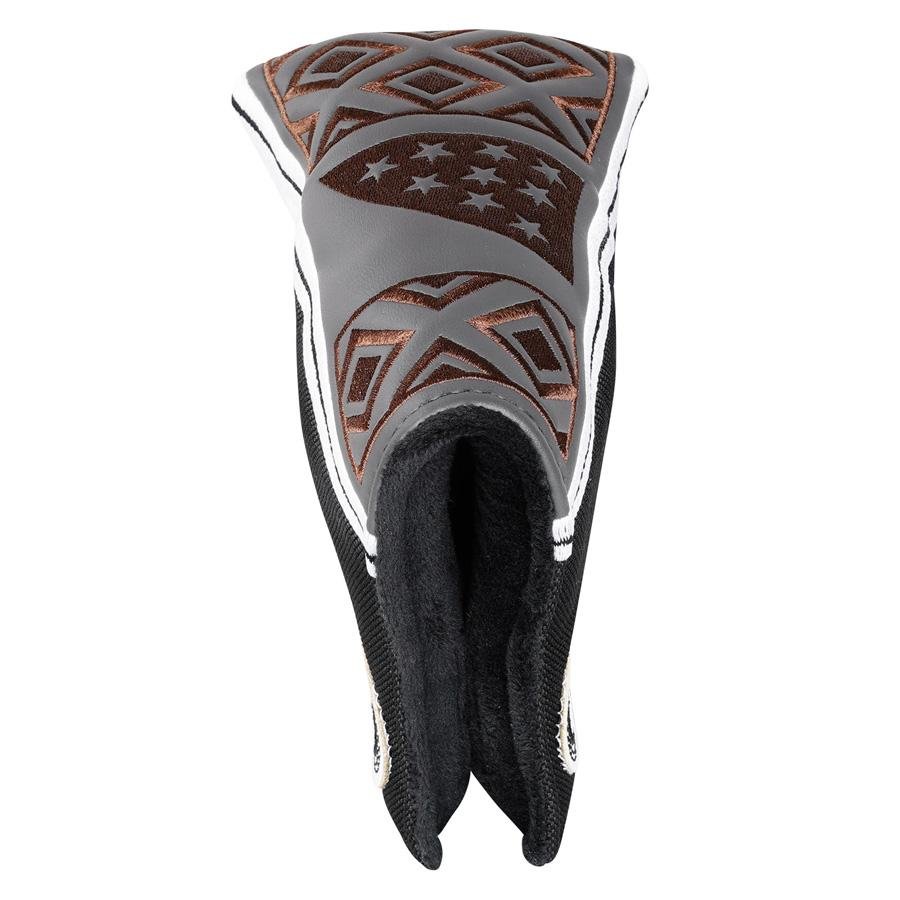 Black-and-gray putter cover with brown Aztec patterns, side view with front opening