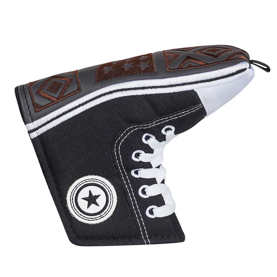 Black canvas putter cover with white laces and star patch, brown top strip and stripe