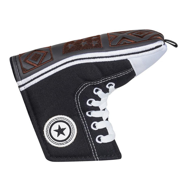 Black canvas putter cover with white laces and star patch, brown top strip and stripe