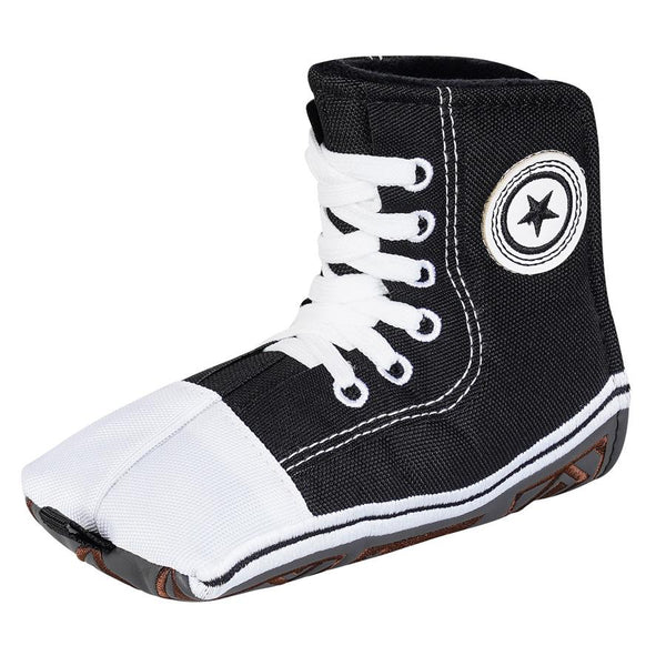 Black canvas putter cover with white laces, star patch, gray heel and brown pattern