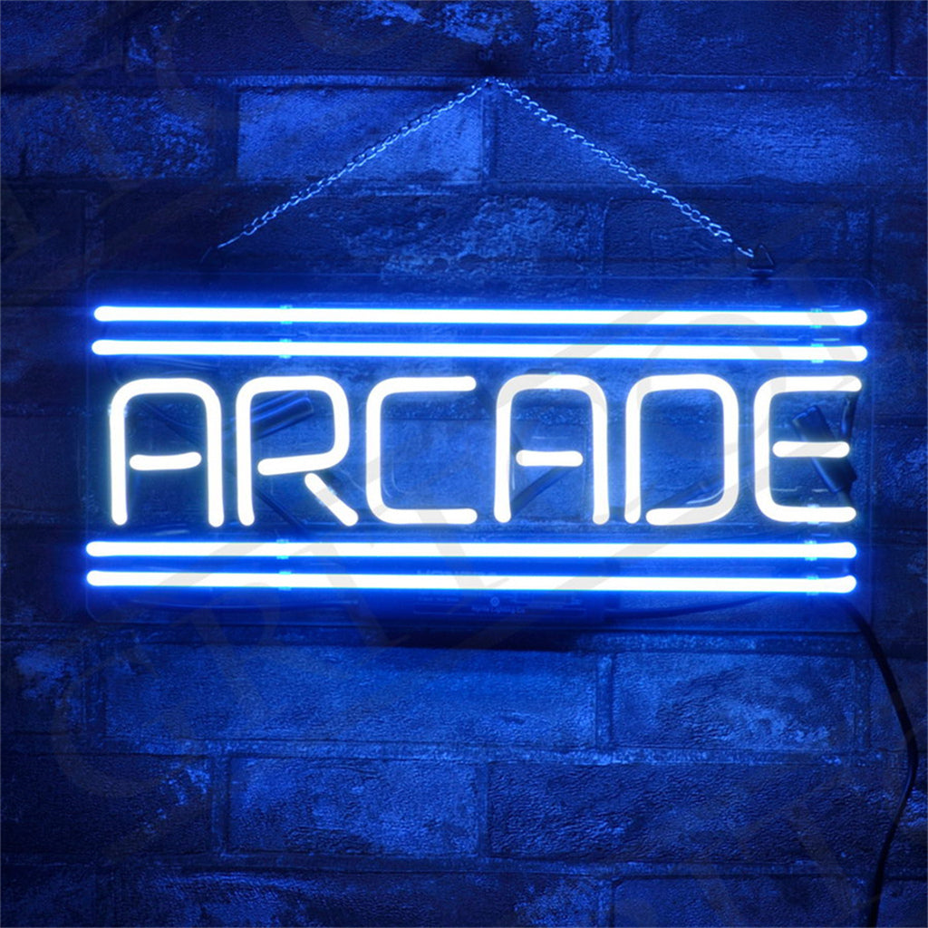 Neon sign with blue “ARCADE” letters and horizontal light bars