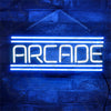 Neon sign with blue “ARCADE” letters and horizontal light bars