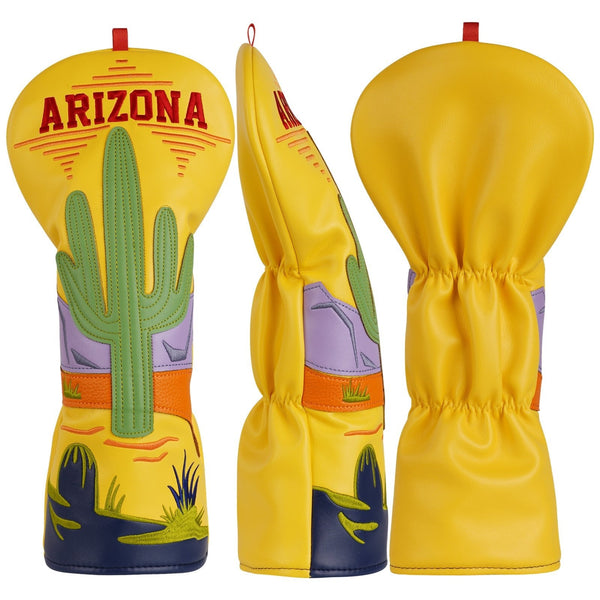 Yellow golf driver headcover with ARIZONA text, cactus graphic, and matching pouch-style flap