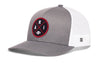 Heather gray front trucker hat with red round logo patch, white mesh sides, snapback.