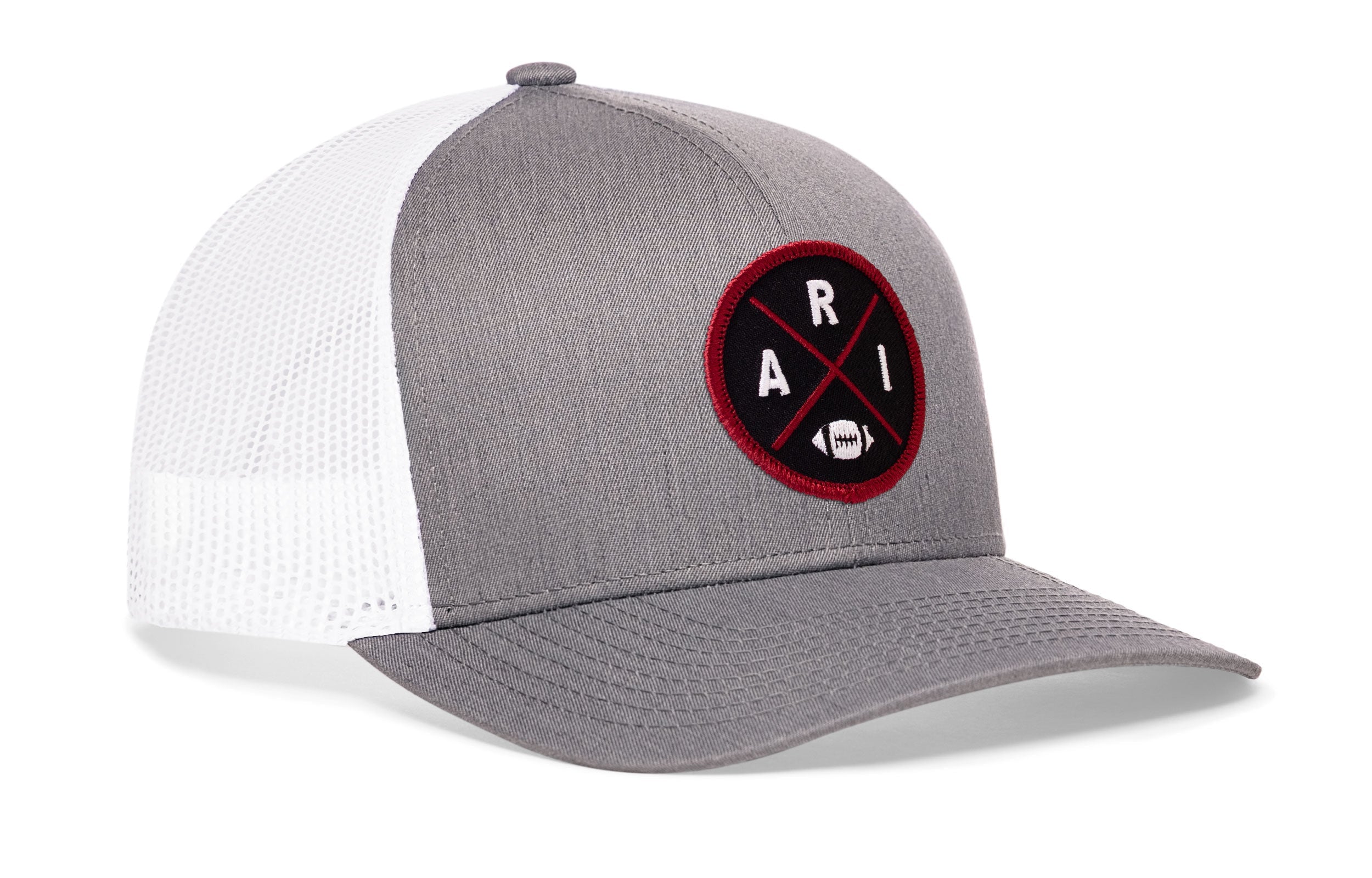 Heather gray front trucker hat with red round logo patch, white mesh sides, snapback.