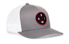 Heather gray front trucker hat with red round logo patch, white mesh sides, snapback.