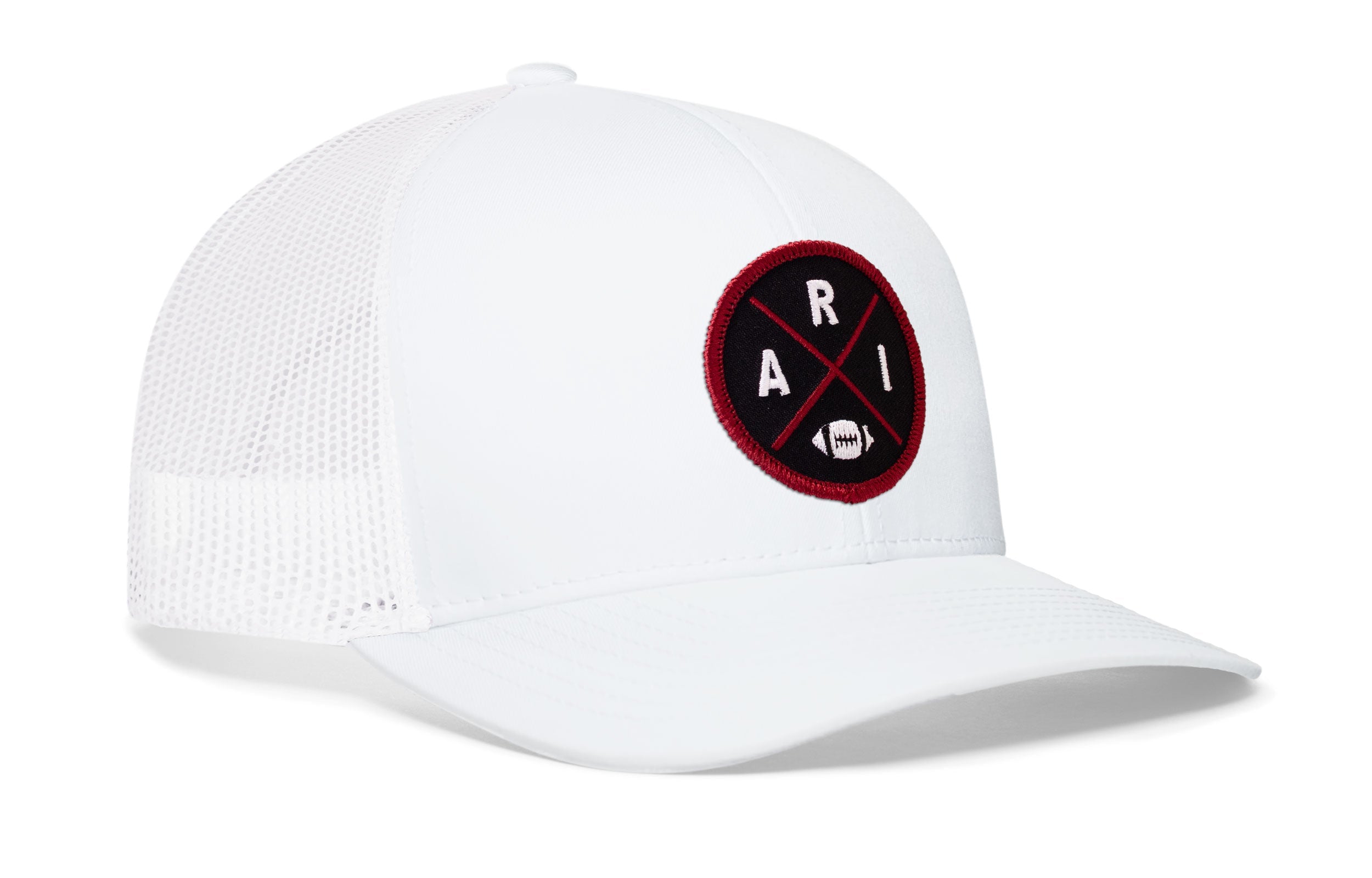 White trucker hat with red round logo patch, white mesh sides, and snapback closure.