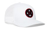 White trucker hat with red round logo patch, white mesh sides, and snapback closure.