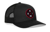 Black trucker hat with red round logo patch and black mesh sides, snapback closure.