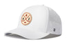 White 5-panel snapback hat with front patch logo and perforated side panels