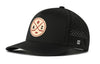 Black 5-panel snapback hat with front patch logo and perforated side panels