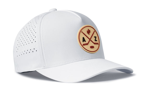 White 5-panel snapback hat with side patch logo and perforated panels