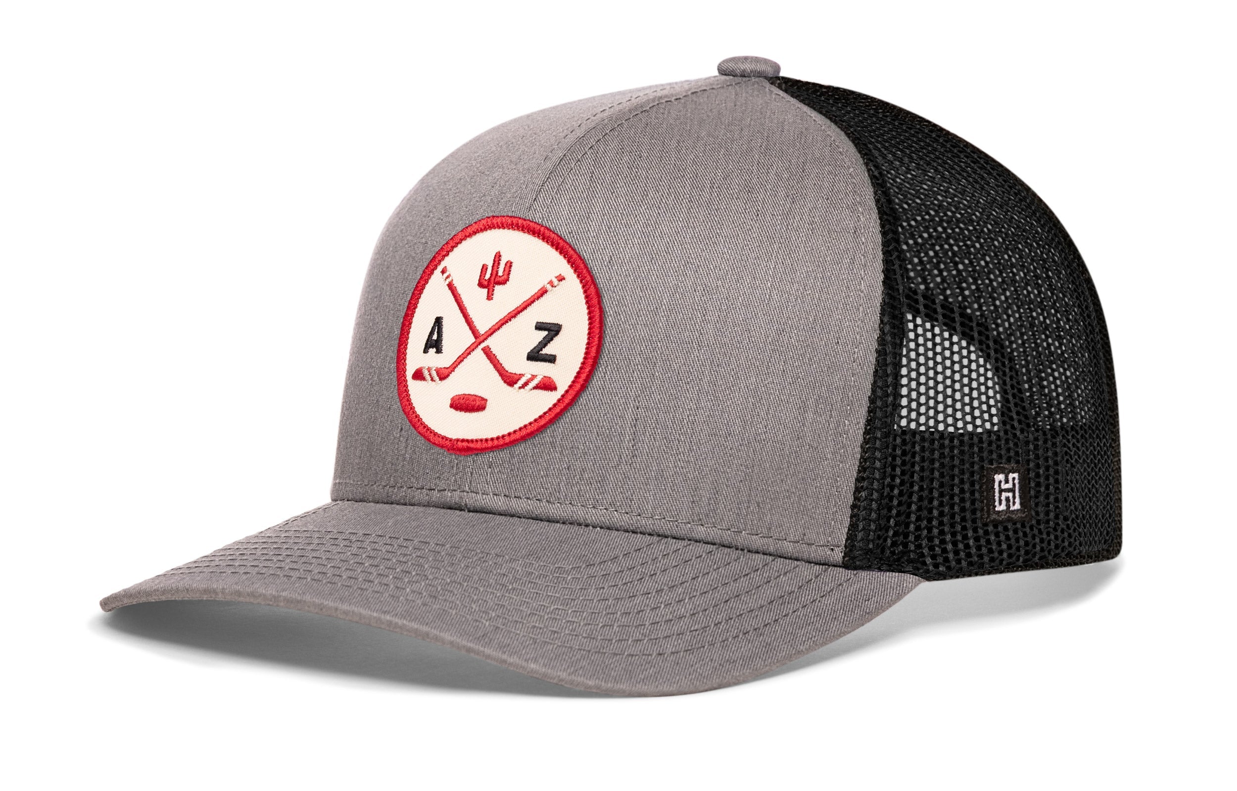 Gray front trucker cap with red AZ logo patch and black mesh side panels