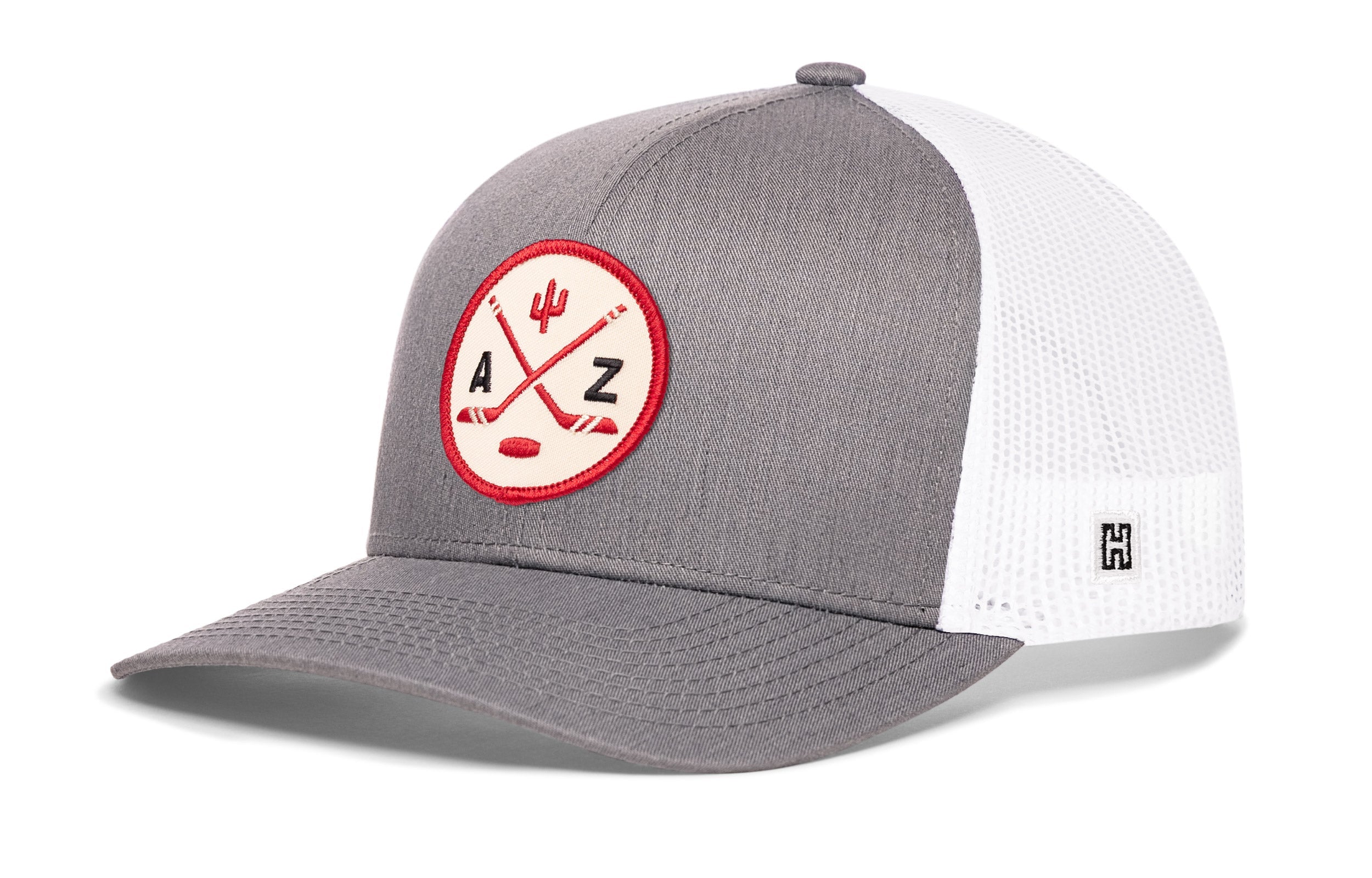 Gray front trucker cap with red AZ logo patch and white mesh side panels
