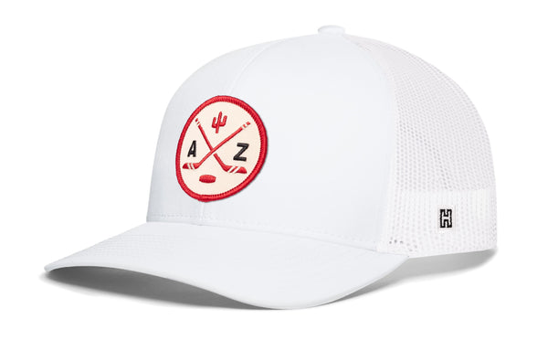 White trucker cap with red AZ logo patch and white mesh side panels