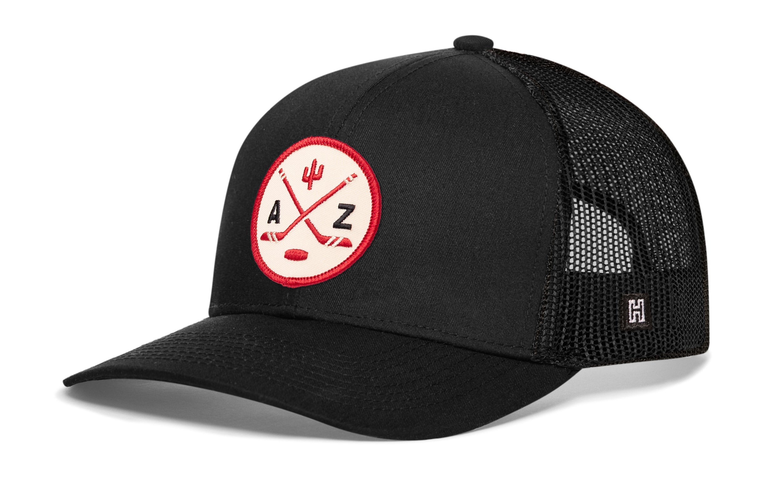 Black trucker cap with red AZ logo patch and black mesh side panels
