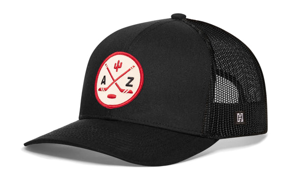 Black trucker cap with red AZ logo patch and black mesh side panels