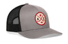 Gray front trucker cap with red AZ logo patch and black mesh side panels