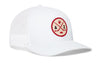 White trucker cap with red AZ logo patch and white mesh side panels