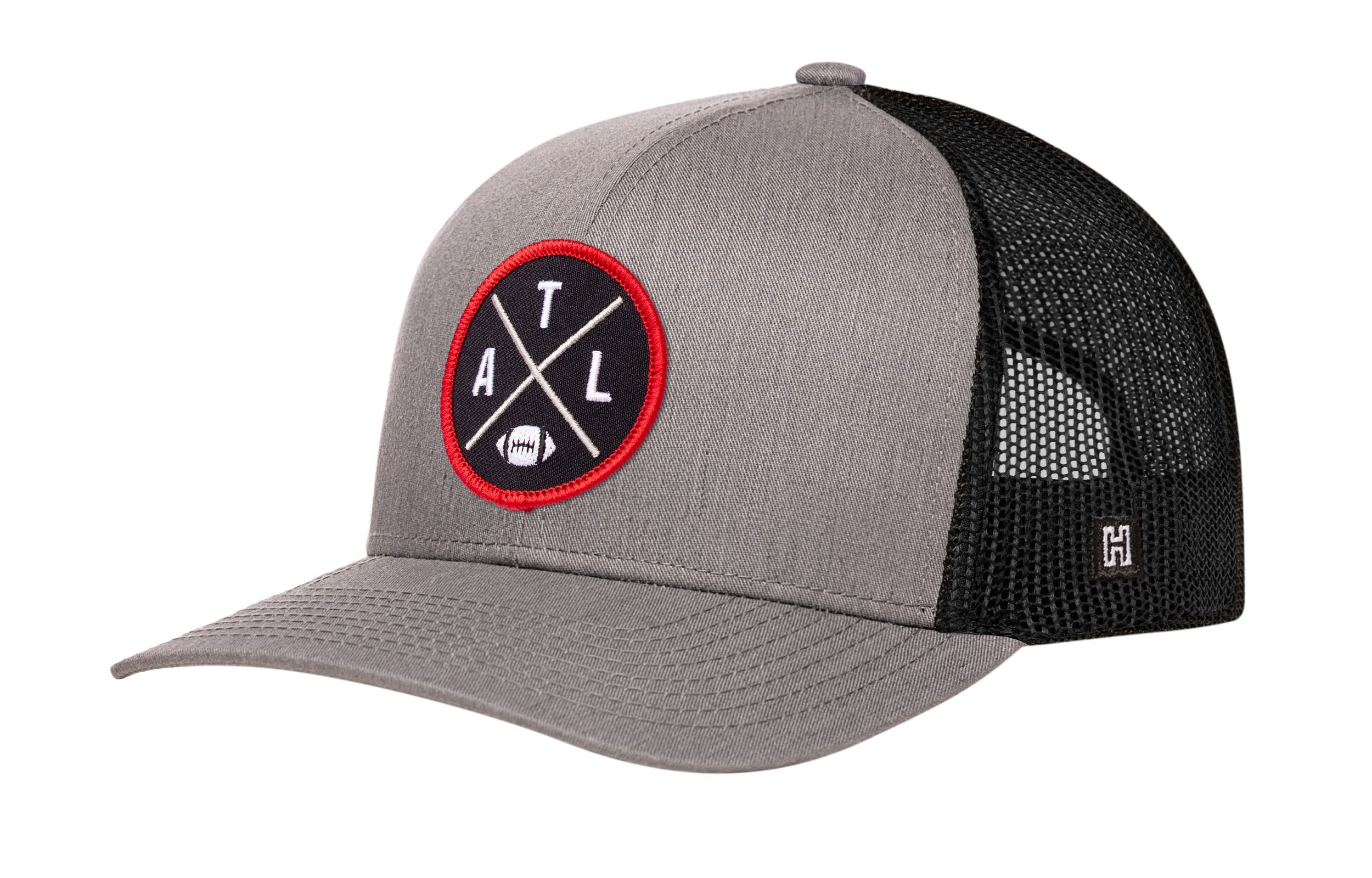 Gray trucker cap with black mesh side panels and red AXL logo patch on front.