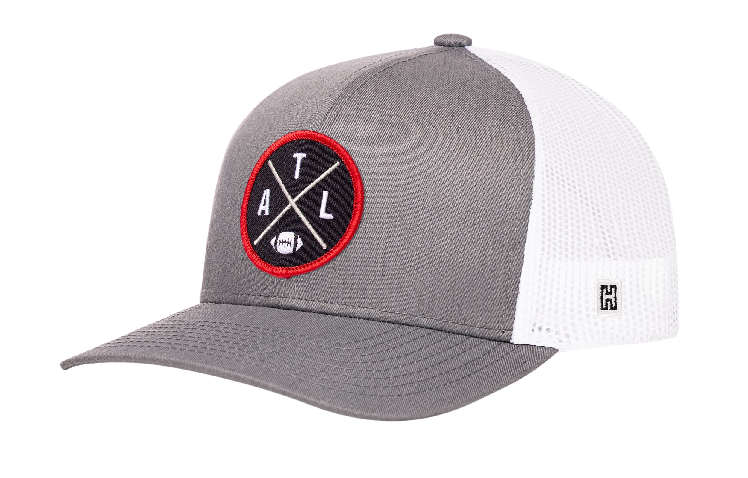 Gray front trucker cap with white mesh side panels and red AXL logo patch.