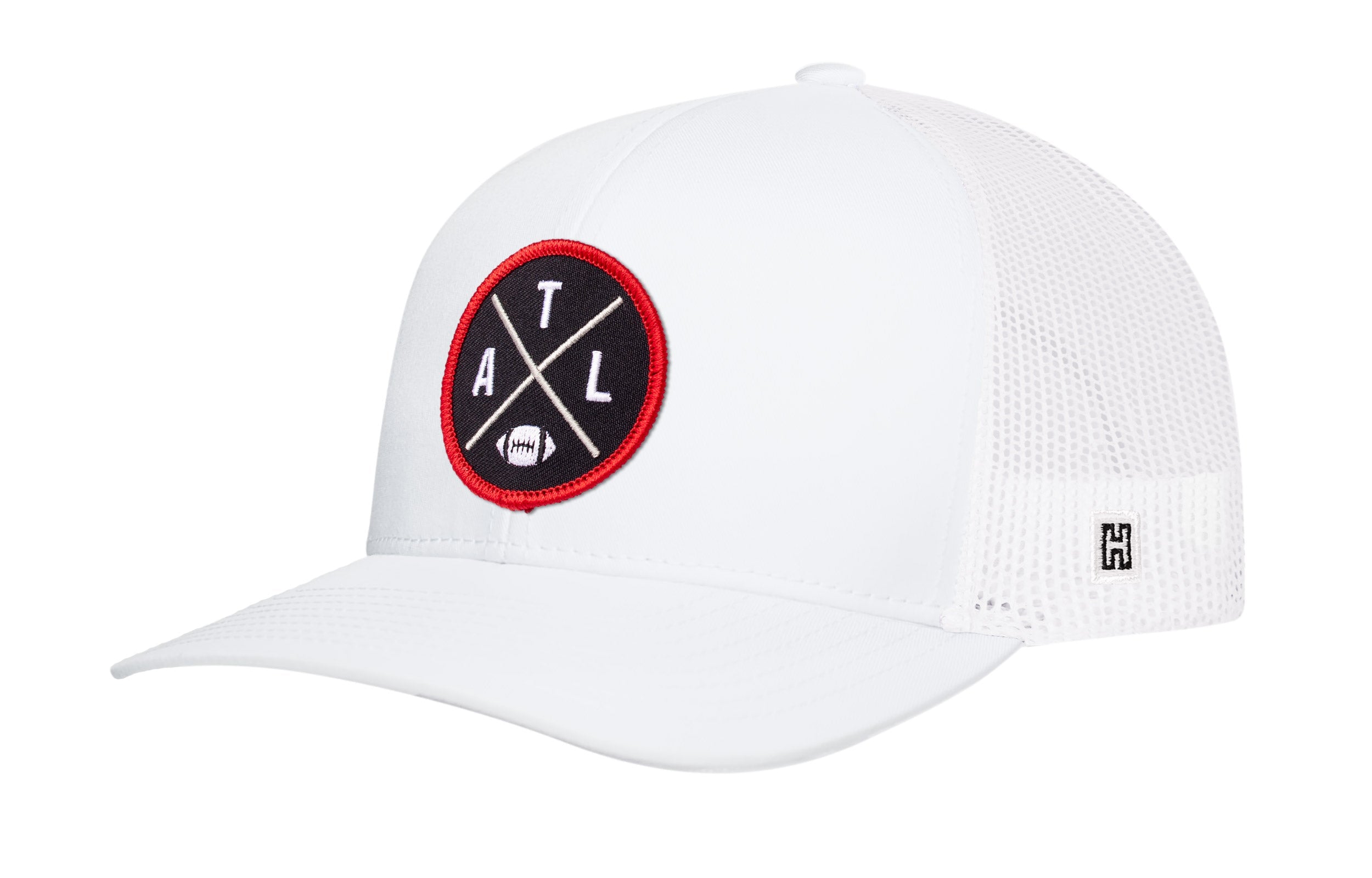 White trucker cap with mesh side panels and red AXL logo patch on front.