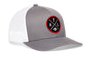Gray front trucker cap with white mesh side panels and red AXL logo patch.