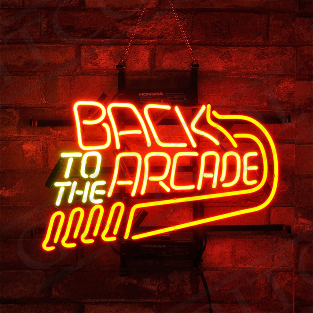 Arcade neon sign: 'Back to The Arcade' in bright red and blue