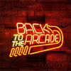 Wall-mounted neon sign reading 'Back to The Arcade' with red and blue lights
