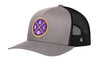 Gray and black trucker snapback hat with round BALX logo patch and mesh side panels
