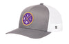 Gray and white trucker snapback hat with round BALX logo patch and mesh side panels
