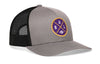 Gray trucker snapback hat with BALX logo patch and black mesh side panels