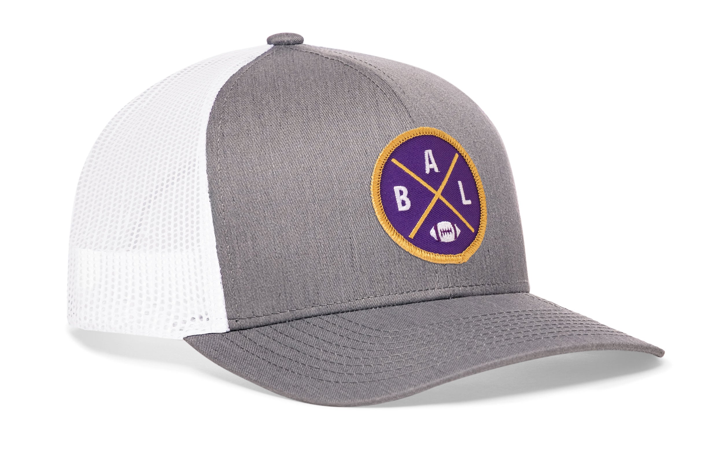 Gray and white trucker snapback hat with BALX logo patch and mesh side panels