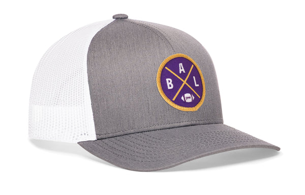 Gray and white trucker snapback hat with BALX logo patch and mesh side panels
