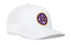 White trucker snapback hat with BALX logo patch and mesh side panels