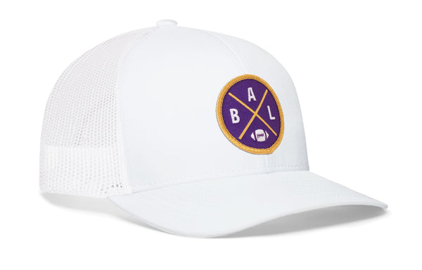 White trucker snapback hat with BALX logo patch and mesh side panels