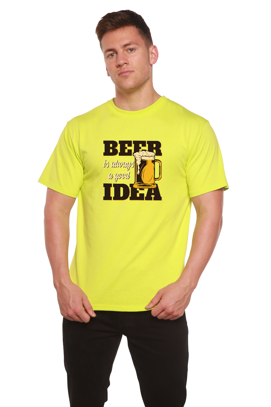 Men's short-sleeve graphic T-shirt in neon yellow with beer mug and “Beer Idea” print