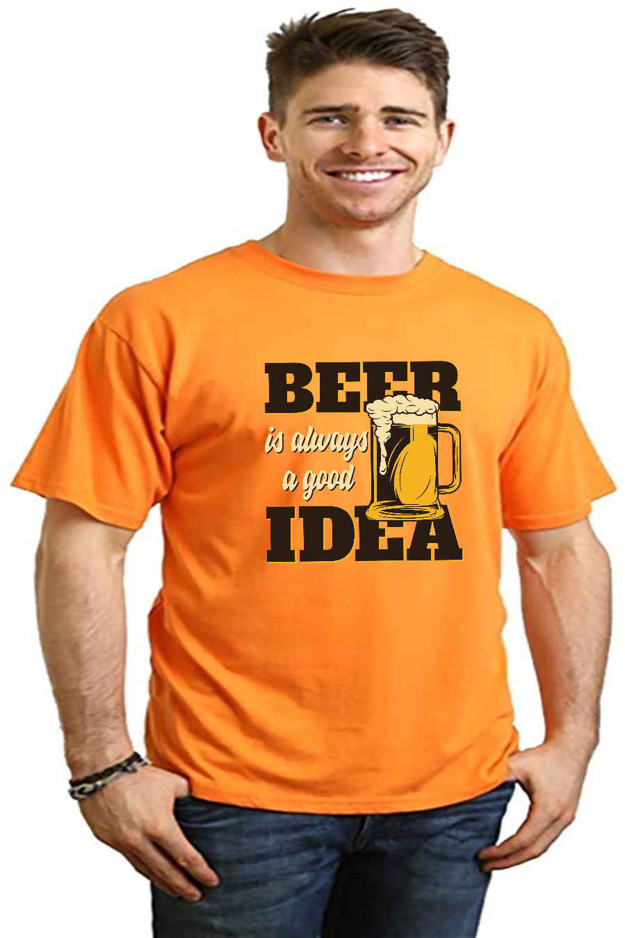 Men's short-sleeve graphic T-shirt in orange with beer mug and “Beer Idea” print