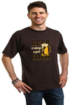 Men's short-sleeve graphic T-shirt, dark brown with gold beer pint text graphic