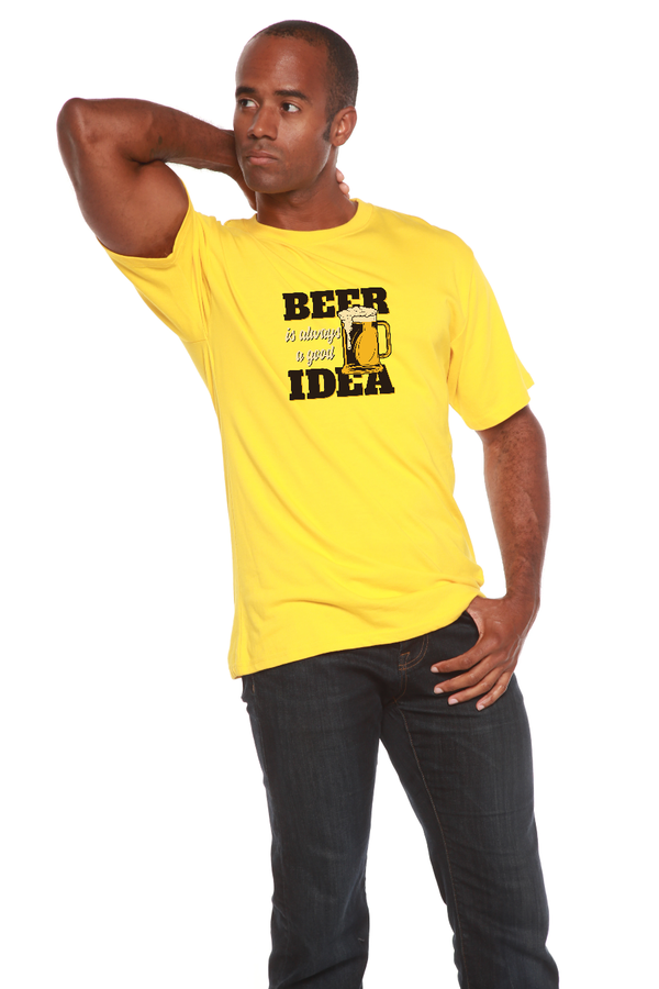 Men's short-sleeve graphic T-shirt in yellow with beer mug and “Beer Idea” print