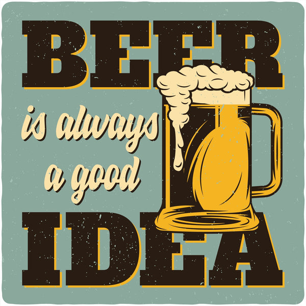 Beer mug and “Beer is always a good idea” graphic print on a T-shirt front