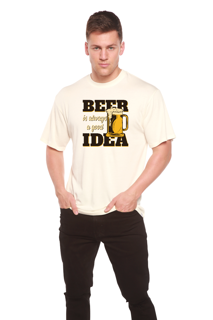 Men's short-sleeve graphic T-shirt, off-white with beer pint text print