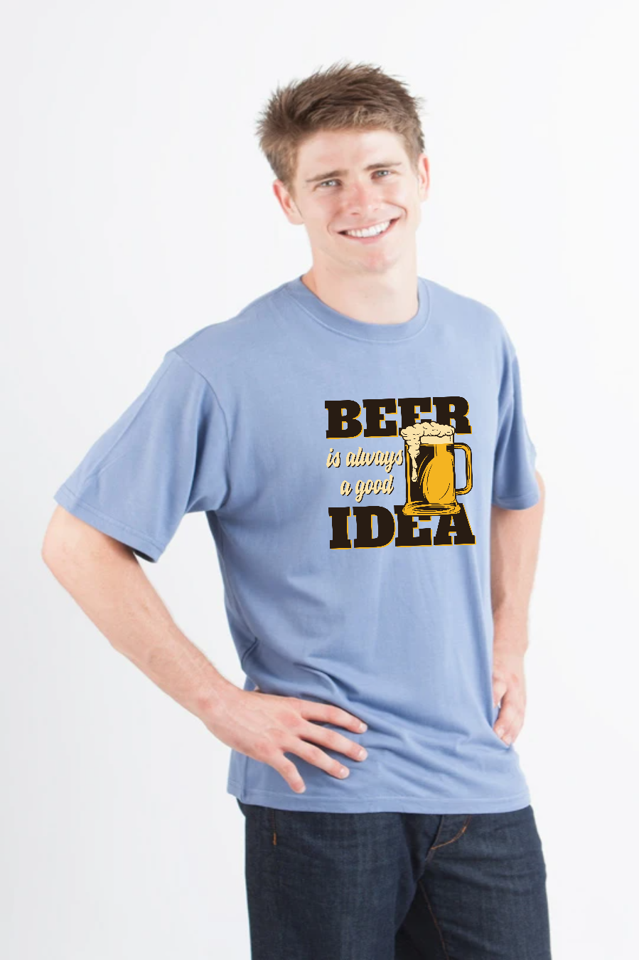 Men's short-sleeve graphic T-shirt in light blue with beer mug and “Beer Idea” print