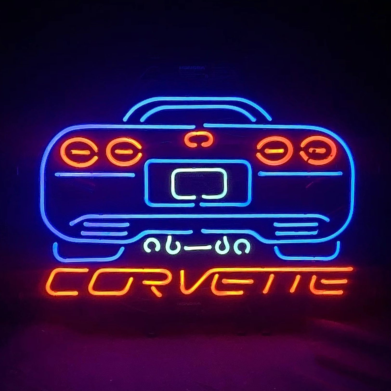 Neon car motor sign with blue roof outline and orange headlight and grille lights