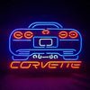 Neon car motor sign with blue roof outline and orange headlight and grille lights