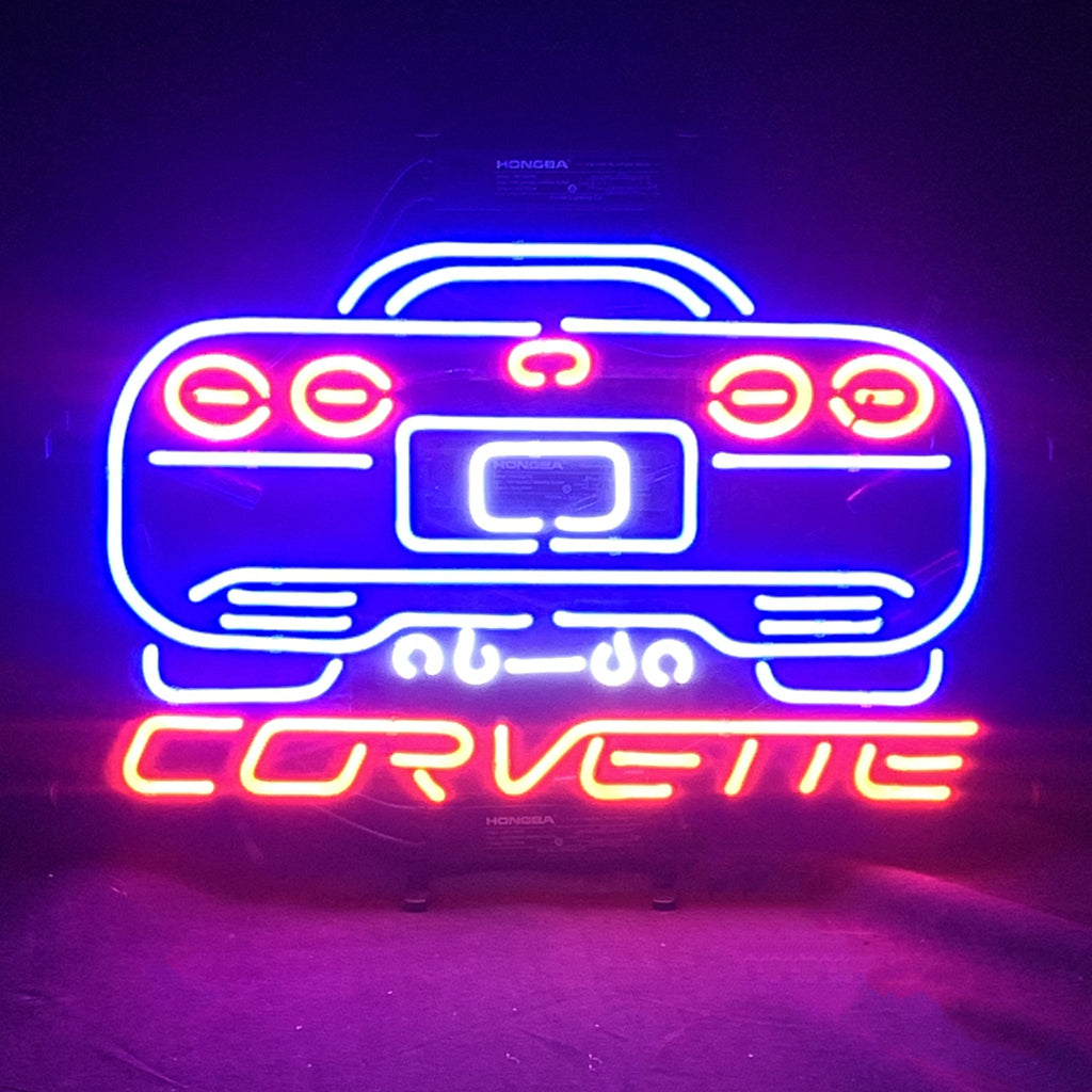 Neon automotive wall sign showing car outline with blue glow and pinkish-orange details