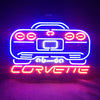 Neon automotive wall sign showing car outline with blue glow and pinkish-orange details